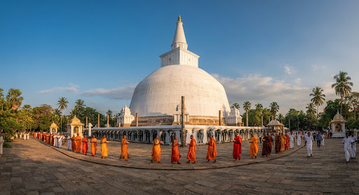 Der alte Goldene Tempel von Dambulla und das in eine gewaltige Felswand gehauene Höhlenkloster, umgeben von üppigem tropischem Grün in ruhiger Mittagssonne, Sri Lanka.