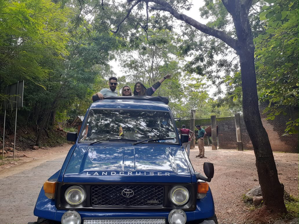 Guests pop through the sunroof of a vintage blue Land Cruiser, cheering on a forest road near a heritage site.
