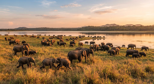 The famous Elephant Gathering at Minneriya National Park tank in Sri Lanka, hundreds of wild Asian elephants grazing peacefully around tranquil reservoir water with baby elephants playing in tall grasses at golden sunset.