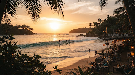 Vibrant tropical surf bay in Sri Lanka at sunset with surfers catching gentle turquoise peeling waves, sandy beach fringed by lush coconut palm trees, golden sunlight casting long silhouettes, authentic relaxed coastal surf culture.